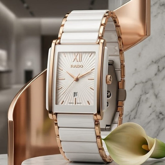 Rado Watch With A White Ceramic Band And Rose Gold Accents.